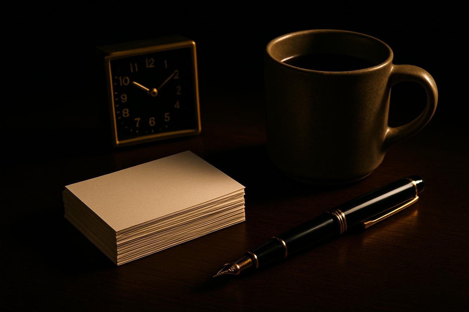 DEFAULT — a tidy tabletop scene with a stack of blank index cards, a fountain pen, a ceramic coffee mug, and a small desk clock in soft afternoon light
