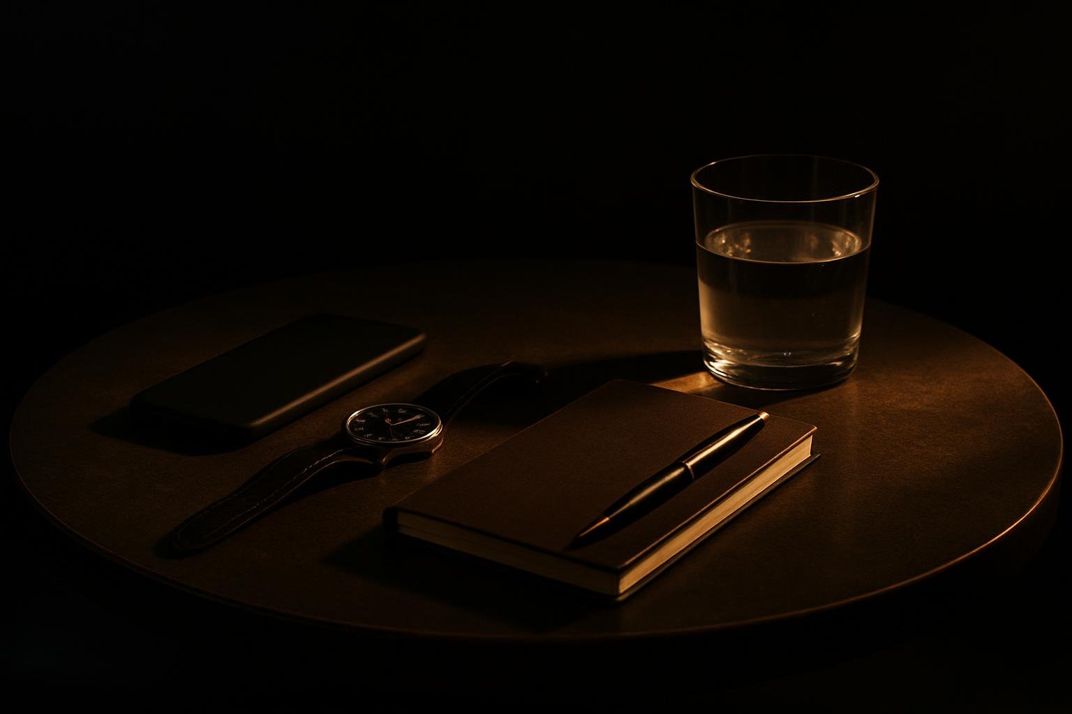 DEFAULT — a small round table with a muted phone, analog watch, slim notebook, pen, and a glass of water under warm evening light in a quiet cafe corner