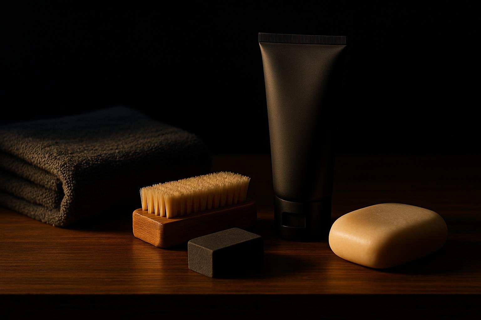 a grey towel, a small buffer block, a nail brush, a matte hand lotion tube, and a plain soap bar on a wooden vanity in soft morning light
