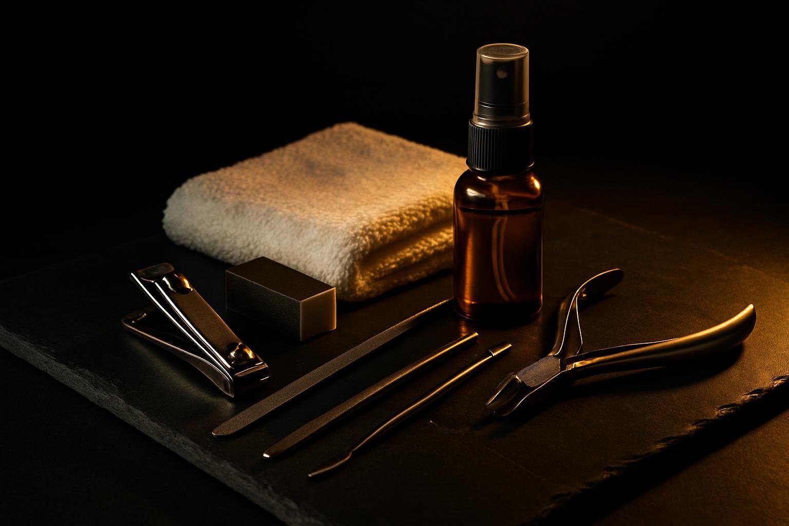 stainless clippers, a fine nail file, a small buffer block, a cuticle pusher, nippers, an alcohol spray, and a folded white towel arranged on matte slate under soft window light