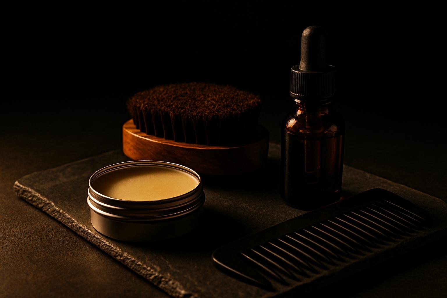 a tin of beard balm with a wooden beard brush, a small dropper bottle of oil, and a wide-tooth comb on a slate tray under soft morning window light