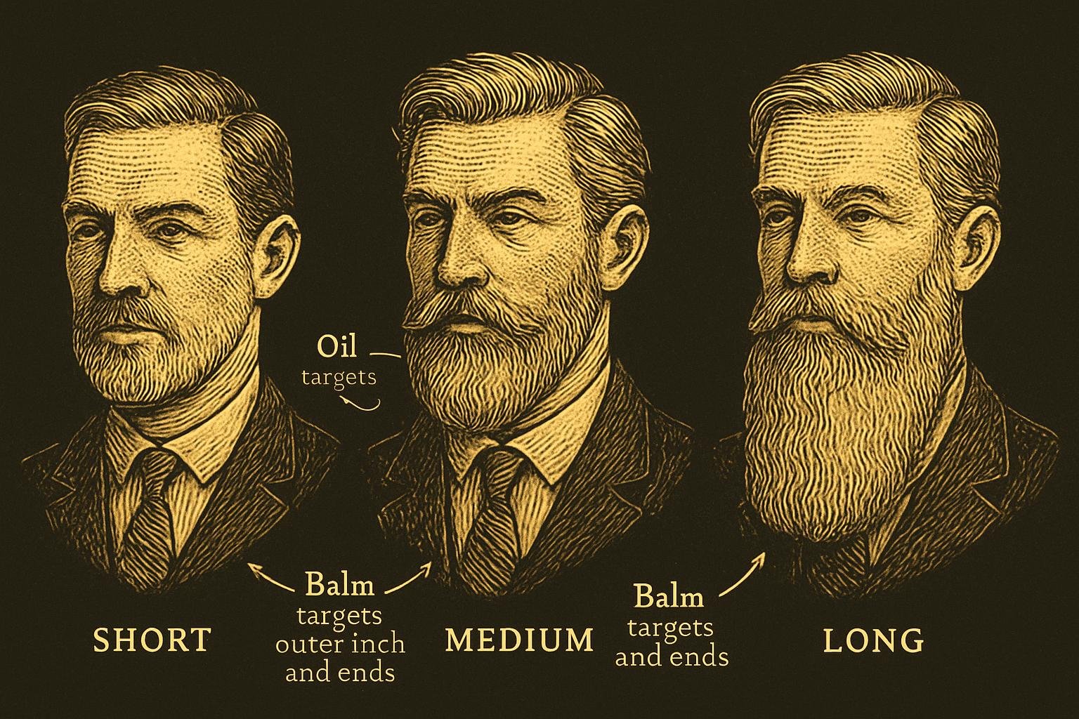 three illustrated gentleman busts showing short, medium, and long gray beards; annotations indicating where oil targets roots/skin and balm targets outer inch and ends; clean vintage barber-chart etching style
