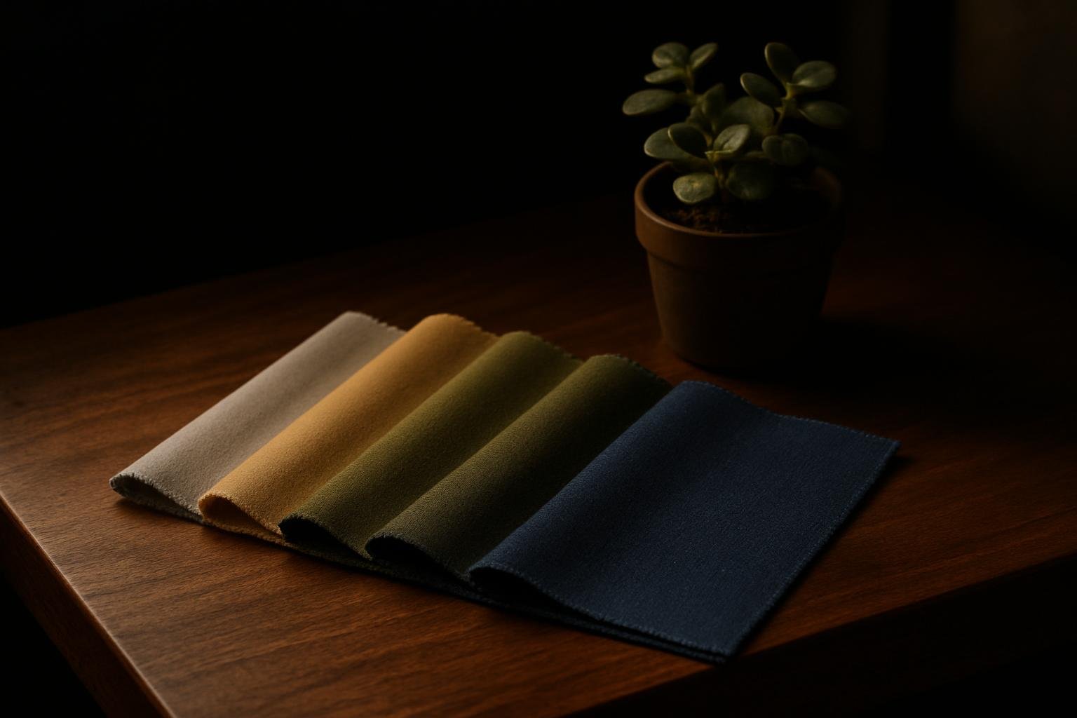 a fan of matte fabric swatches in light gray, warm beige, muted olive, soft navy, and denim laid on a walnut tabletop beside a small potted plant under window light