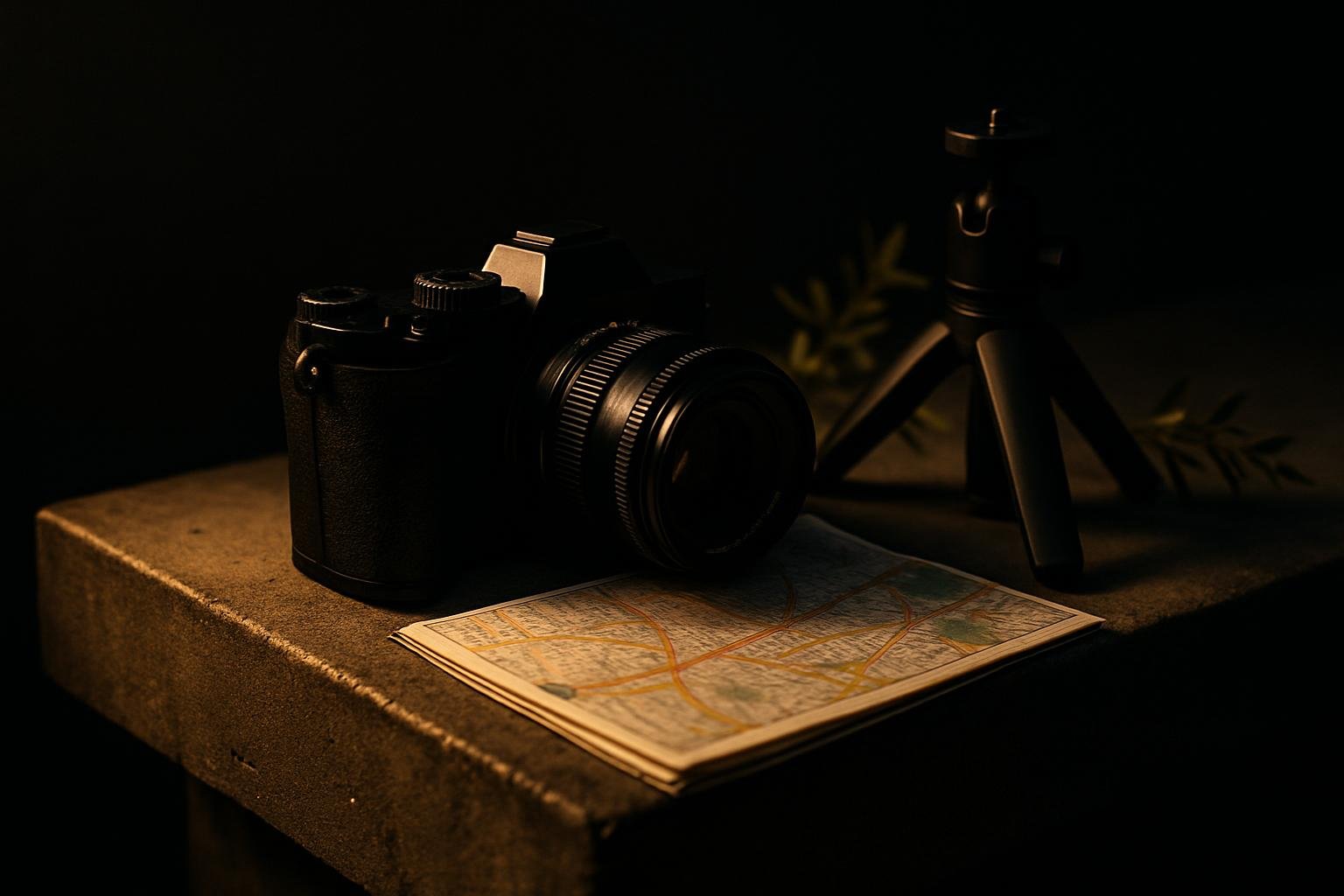 a compact mirrorless camera, a small tripod, and a folded city map on a concrete ledge beside a sprig of greenery under bright overcast light