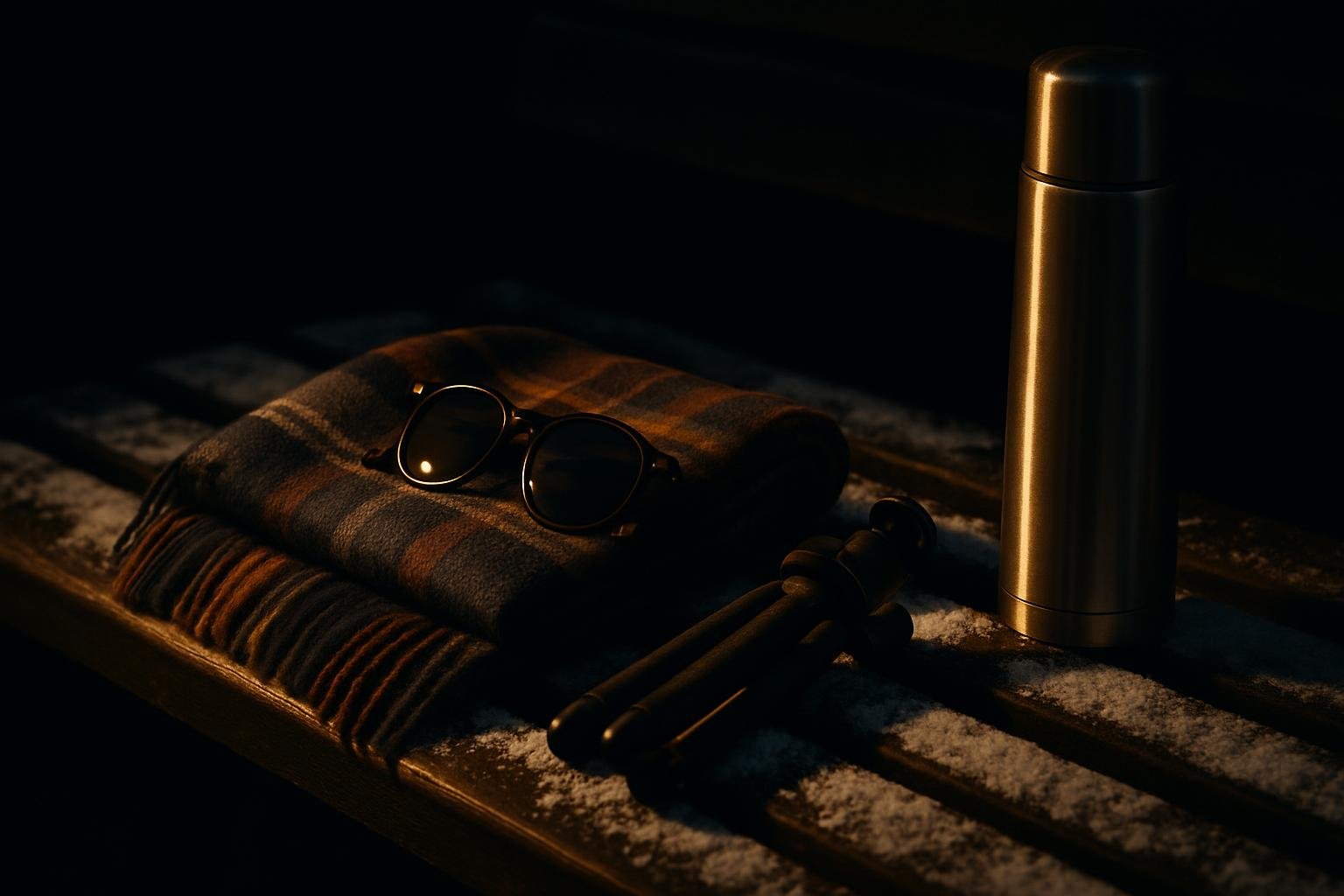 a folded wool scarf, a pair of sunglasses, a small travel tripod, and a stainless steel thermos arranged on a park bench dusted with light snow under soft winter daylight