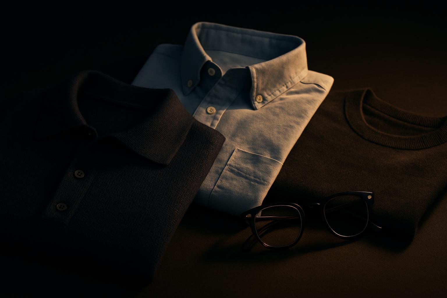a tabletop layout with a navy knit polo, a mid-blue oxford shirt, a charcoal crew sweater, and a pair of dark acetate eyeglass frames, all under soft side light