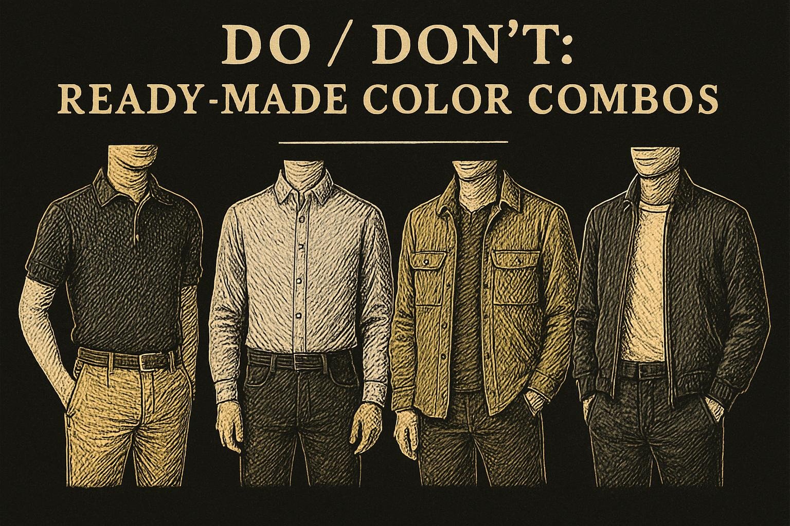 four etched gentleman torsos, each wearing a different outfit: a navy knit polo with tan chinos; a mid-blue oxford with dark jeans; a charcoal henley topped with an olive overshirt; a soft white tee under a navy bomber