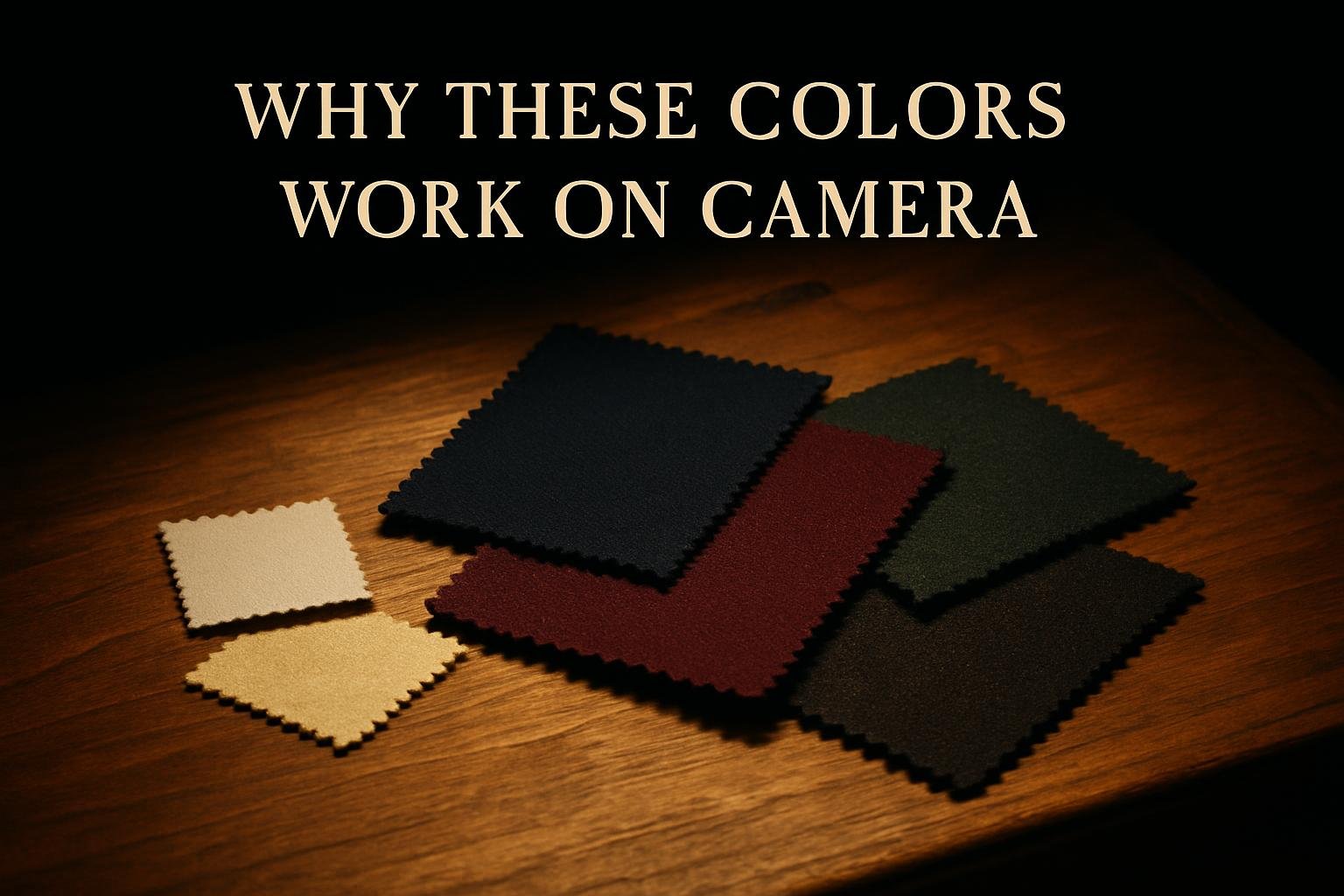 a neat spread of navy, burgundy, forest green and charcoal fabric swatches beside two small white and ecru swatches on a wooden tabletop under soft window light