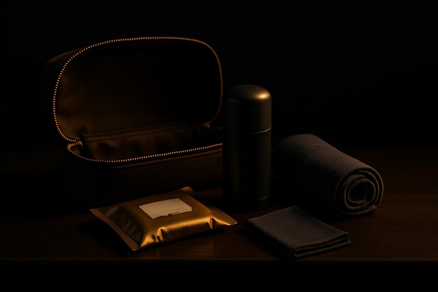 a compact travel dopp kit unzipped on a bench with a small deodorant stick, travel wipes, a rolled tee, and a microfiber cloth arranged neatly in cool daylight