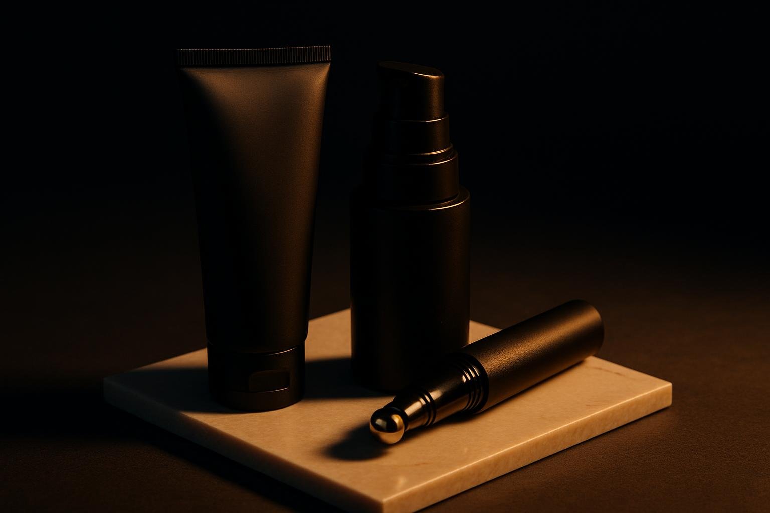 a close-up still life of an opaque squeeze tube, an airless pump, and a small metal roller applicator on a clean white tile with cool overhead light