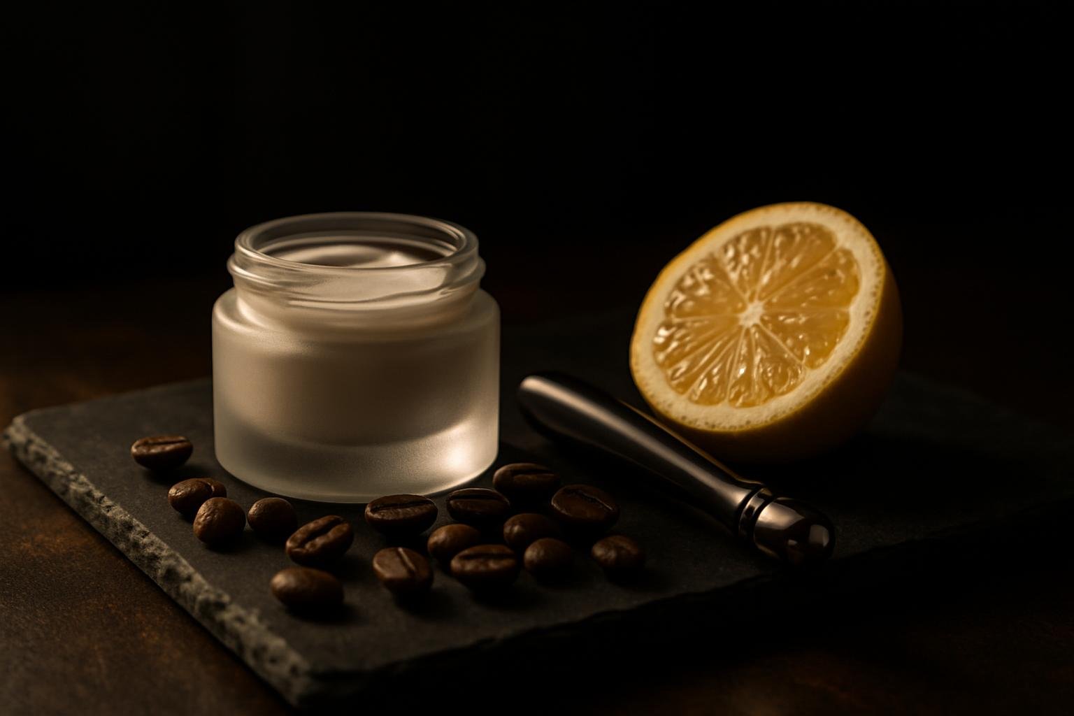 a small frosted glass jar and a metal-tip eye roller beside coffee beans and sliced lemon on a slate tray under soft morning window light