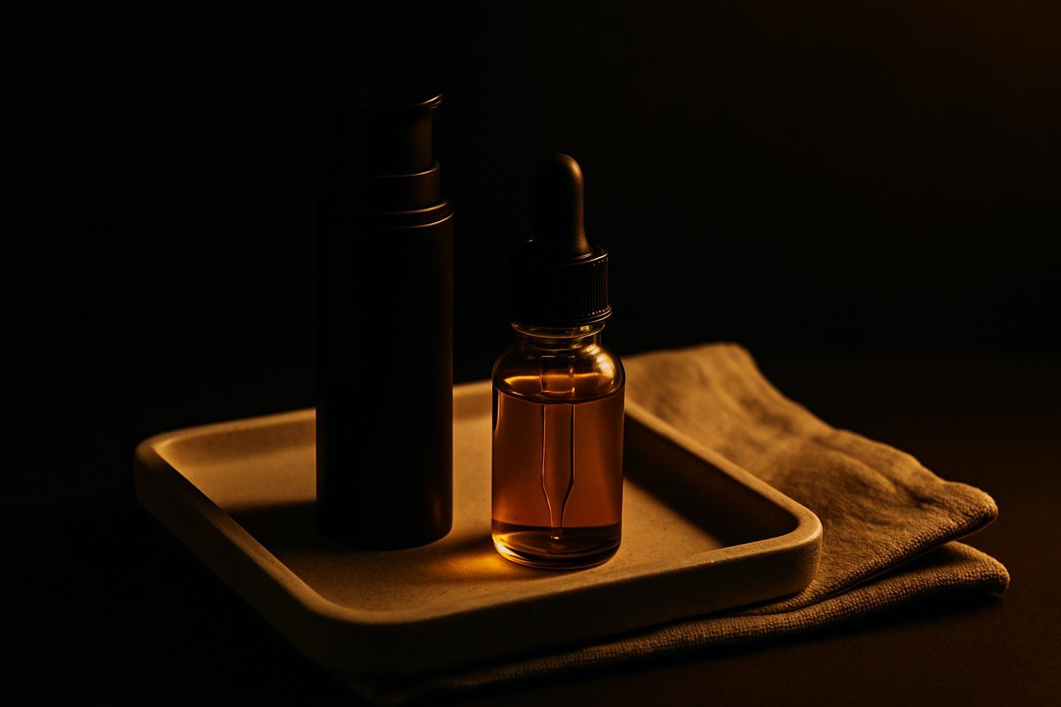 a matte ceramic tray with a small airless pump bottle, a dropper vial of golden serum, and a folded linen cloth under warm bedside lamp light