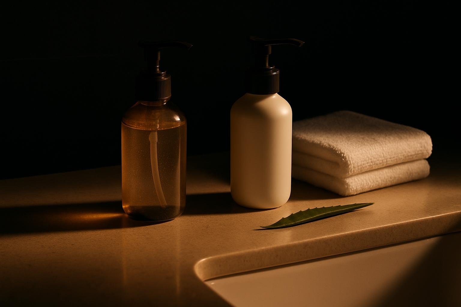 a clean bathroom counter with a ceramic sink, two unbranded pump bottles (one translucent gel, one white cream), a folded white face towel, and a small aloe leaf under soft morning light