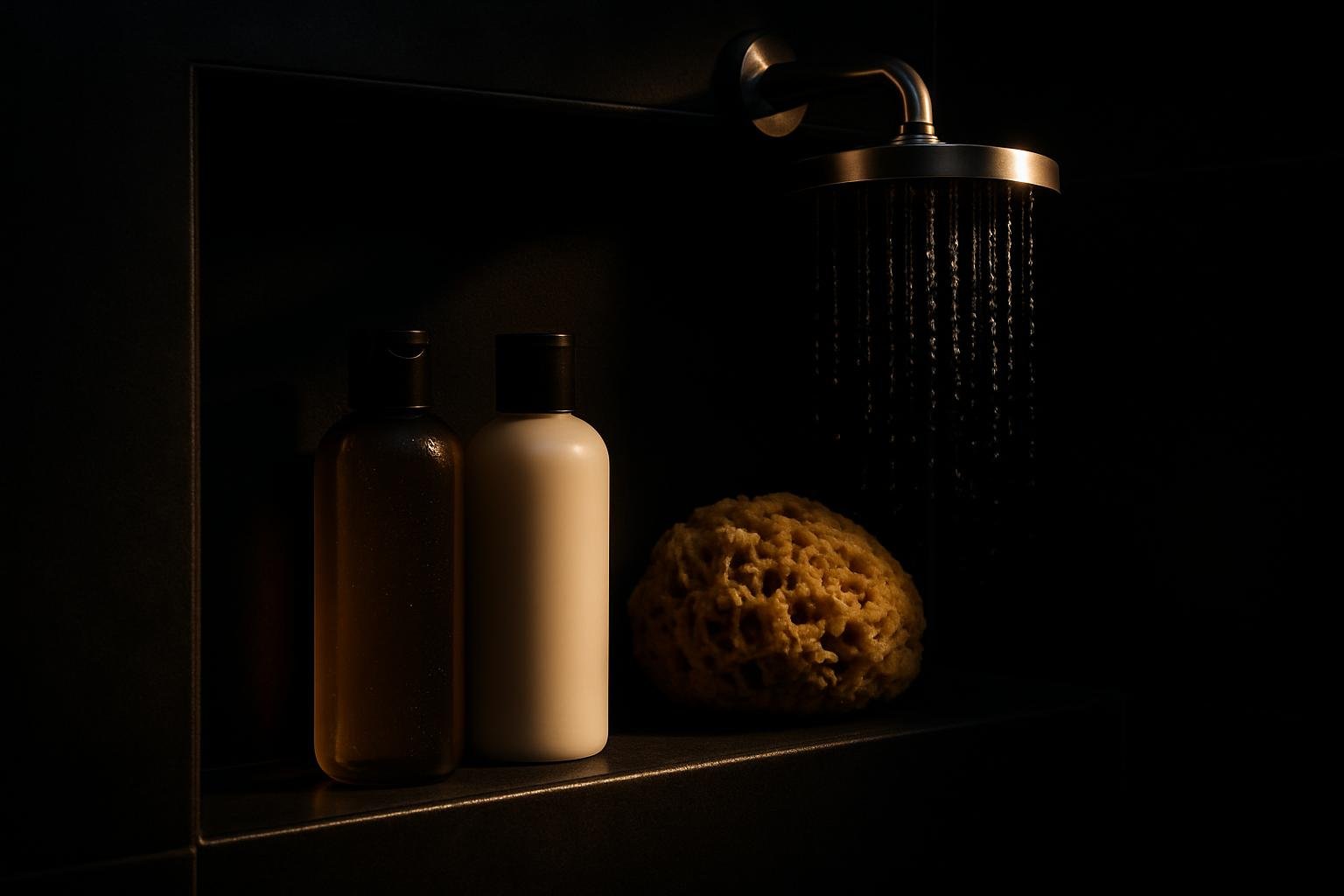 a shower niche with two unbranded bottles (one labeled gel by color, one opaque cream), a natural sea sponge, and a chrome rainfall head with droplets, lit by cool daylight