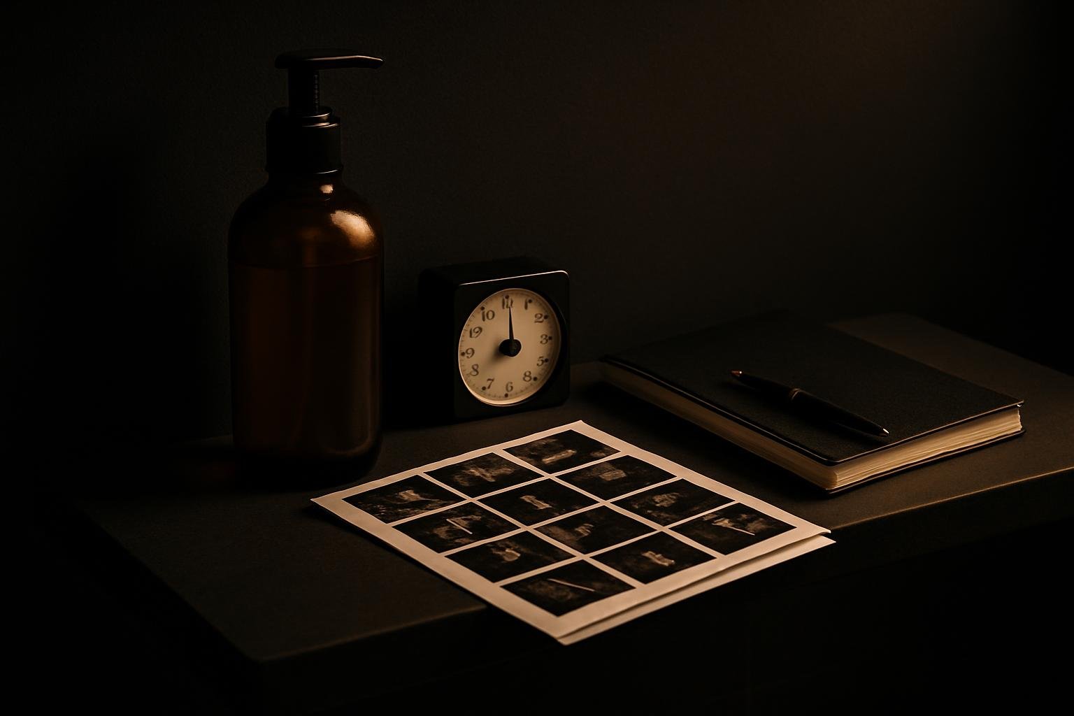 a minimal bathroom shelf with an unbranded pump cleanser, a small analog timer, a notebook with a pen, and two printed photo contact sheets under soft neutral light