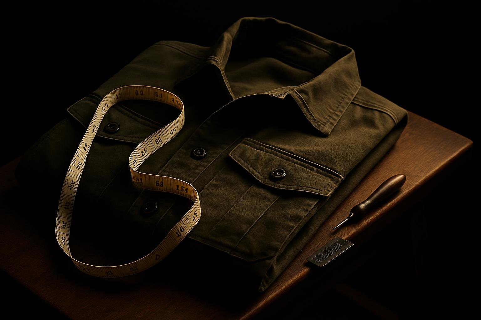DEFAULT — a dark wood bench with a folded olive field jacket, tailor’s measuring tape, seam ripper, and a small magnetized hem ruler under soft window light