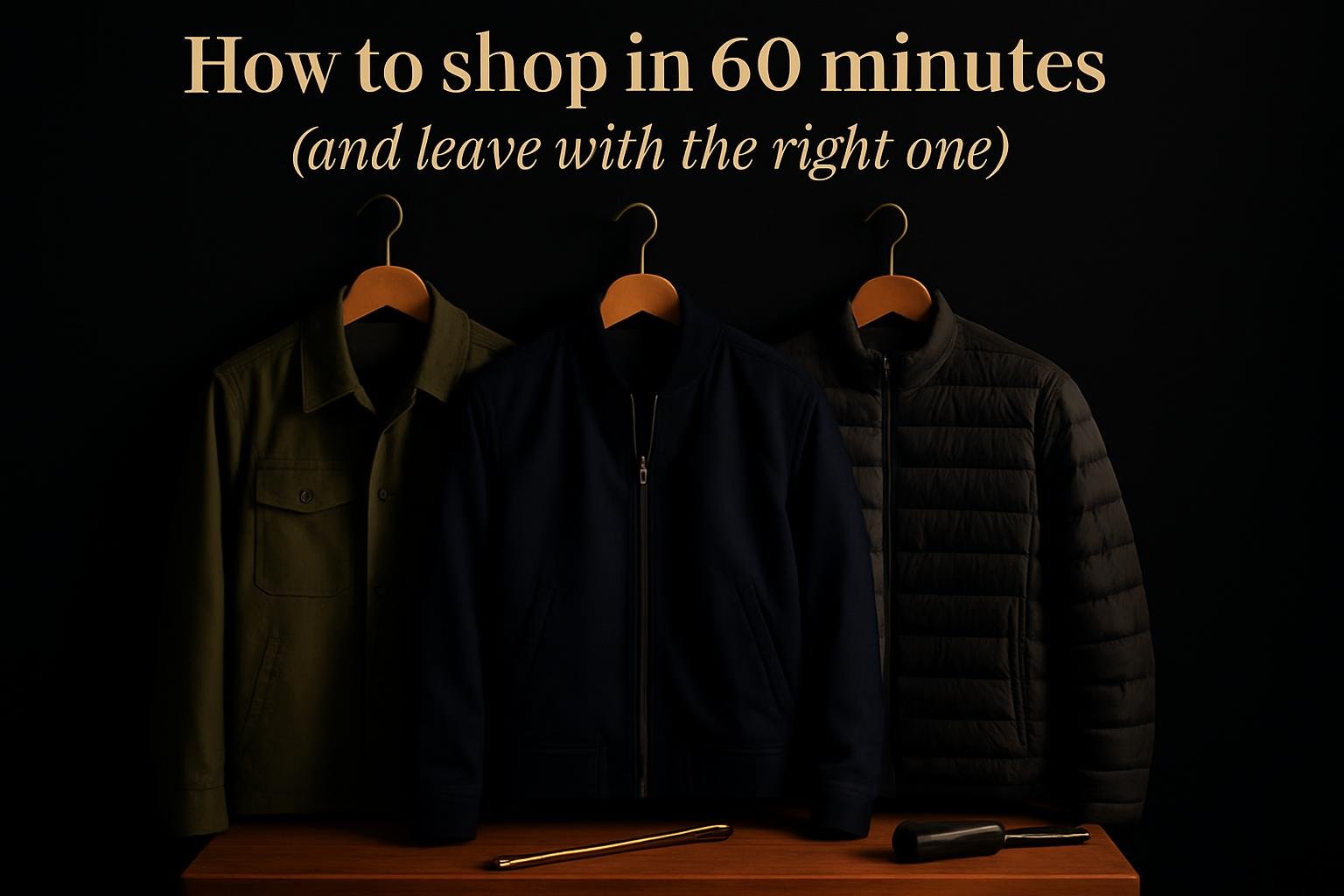 DEFAULT — a simple entryway bench with three jackets on wide wooden hangers (olive field, navy bomber, charcoal lightweight down), a shoehorn, and a lint brush under morning side light