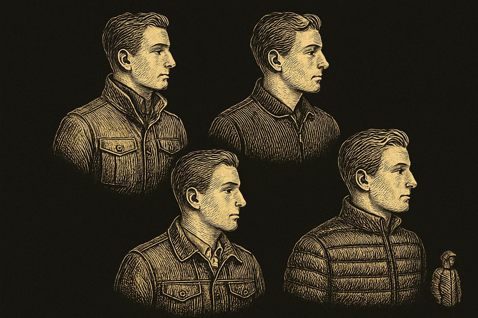 four etched gentleman profiles, each wearing a different jacket: a waist-shaped field jacket with stand collar, a clean suede bomber with knit collar, a cropped denim trucker, and a narrow-baffle lightweight down jacket; plus a fifth small figure in a matte rain shell with hood; labeled in a vintage barber-chart style
