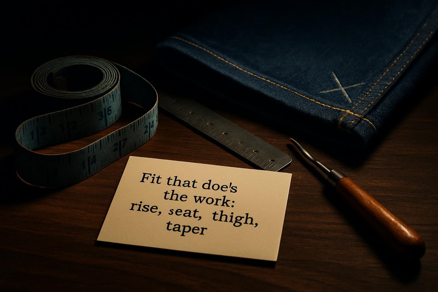 a wooden tabletop with a denim measuring tape, metal ruler, jean hem with chalk marks, a seam ripper, and a tailor’s note card under cool window light