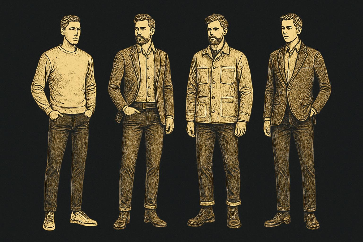 four etched gentleman figures in a vintage style: 1) dark indigo jeans with no break and white leather sneakers, 2) mid-blue jeans with slight break and brown Chelsea boots, 3) washed black jeans with service boots and a chore jacket, 4) dark indigo jeans with an unstructured blazer and loafers