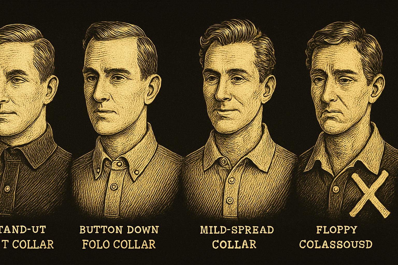 four etched gentleman busts, each wearing a different polo collar: 1) stand-up knit collar with firm edge, 2) button-down polo collar with small buttons at tips, 3) mild-spread collar with 3-button placket, 4) floppy, collapsed collar marked with a subtle X to show what to avoid