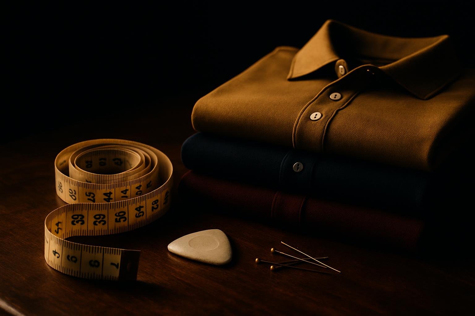 DEFAULT — a soft measuring tape coiled beside folded solid-color polos, a tailor’s chalk, and straight pins on a wooden tabletop under natural window light