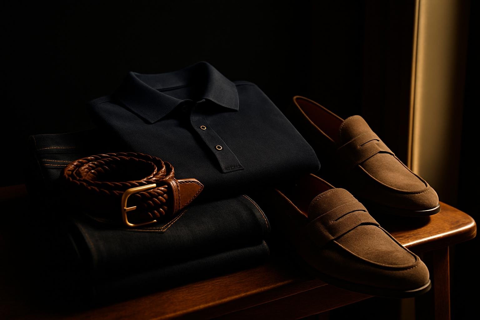 DEFAULT — folded dark denim, a braided leather belt, a pair of suede loafers, and a neatly folded navy polo on a bench by a doorway with soft afternoon light