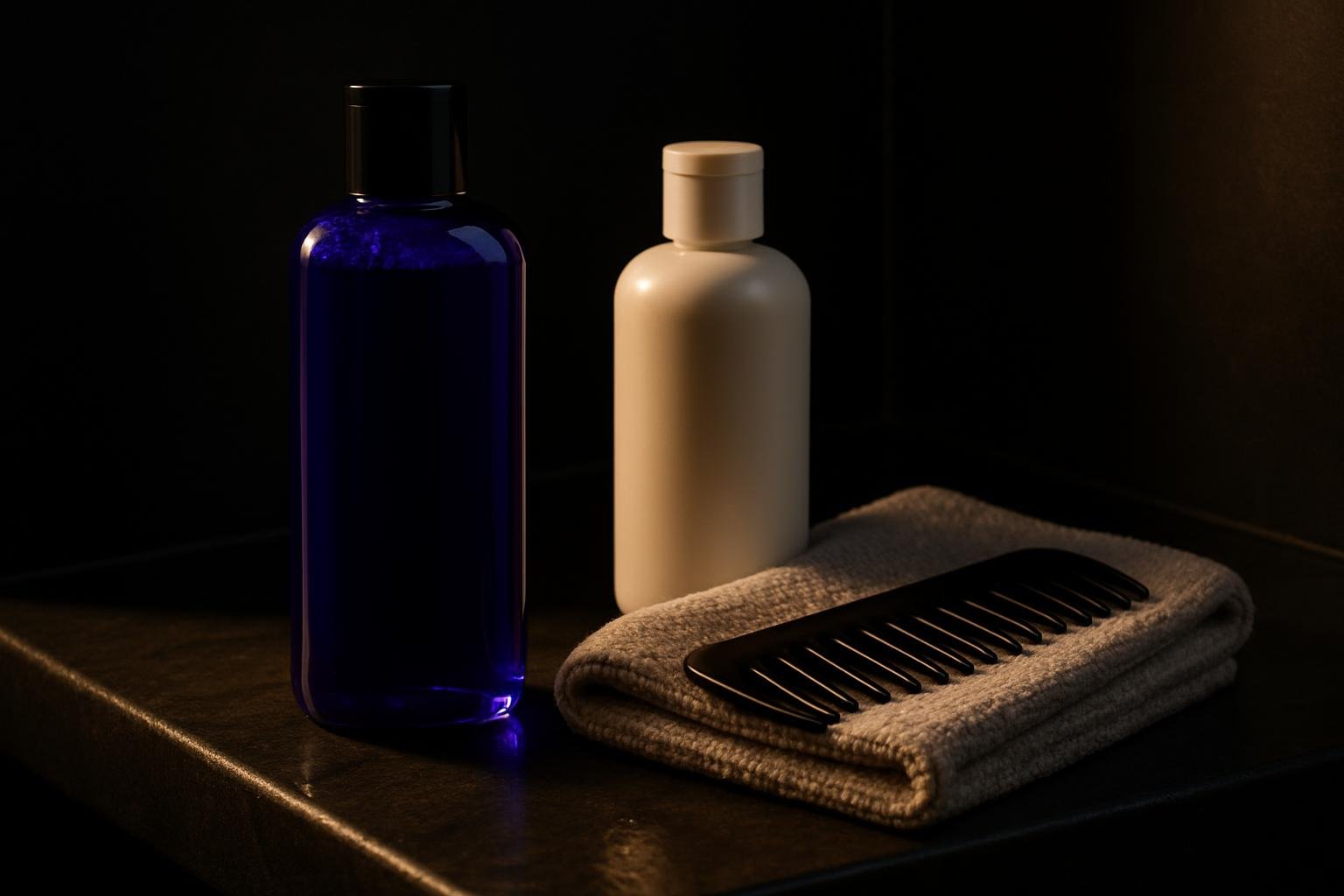 a shower ledge with a deep-violet translucent shampoo bottle, a plain white conditioner, a wide-tooth comb, and a cotton hand towel under cool morning light