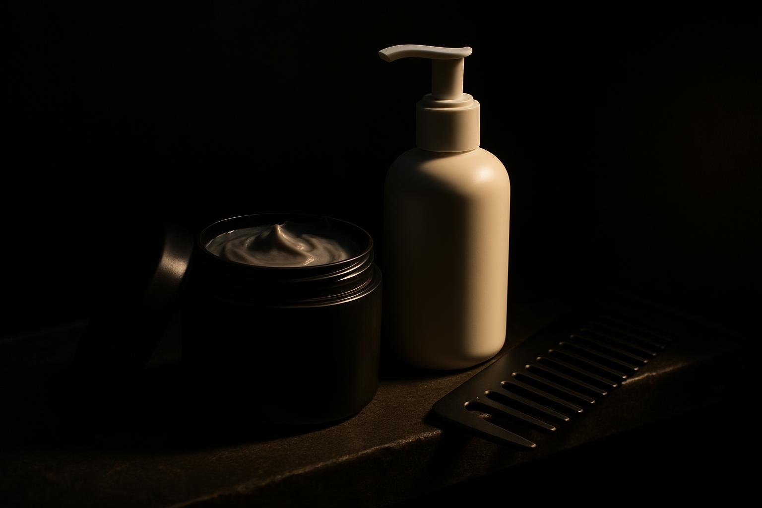 a matte black tub of hair mask with lid off beside a white pump conditioner bottle and a wide-tooth comb on a stone shower shelf under soft side light