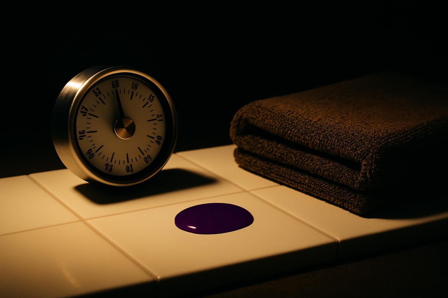 a simple shower timer, a purple-tinted drop of shampoo on a white ceramic tile, and a microfiber towel folded neatly under bright overhead light