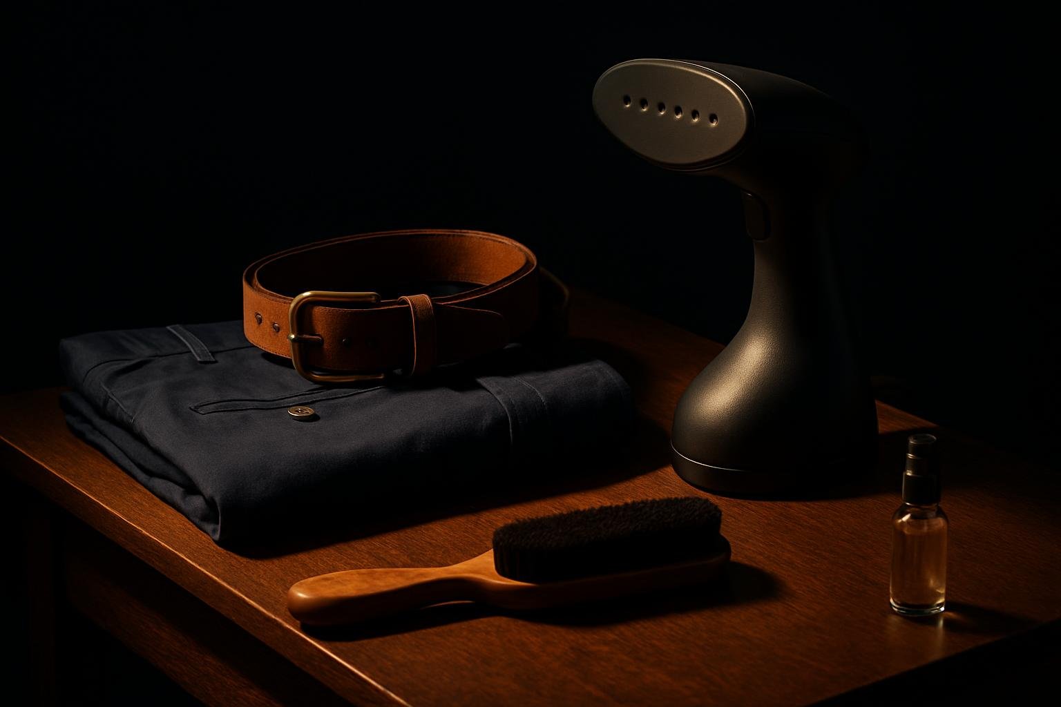a wooden valet top with a folded pair of navy chino shorts, a brown suede belt, a clothes steamer, and a lint brush beside a small travel spray bottle in morning light