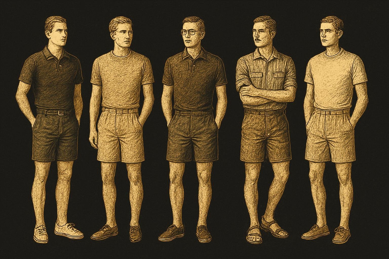 five etched gentleman figures in a vintage style: one in navy chino shorts with a polo and white sneakers; one in stone linen shorts with a knit tee and loafers; one in charcoal tech shorts with a polo and minimalist sneakers; one in olive chino shorts with a chambray short-sleeve and sandals; one in subtle striped shorts with a plain tee and boat shoes