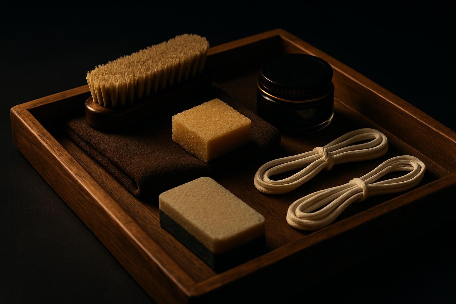 a wooden shoe care tray holding a suede brush, crepe block, microfiber cloth, small leather conditioner jar, two white laces, and a rubber-sole cleaning sponge under soft window light