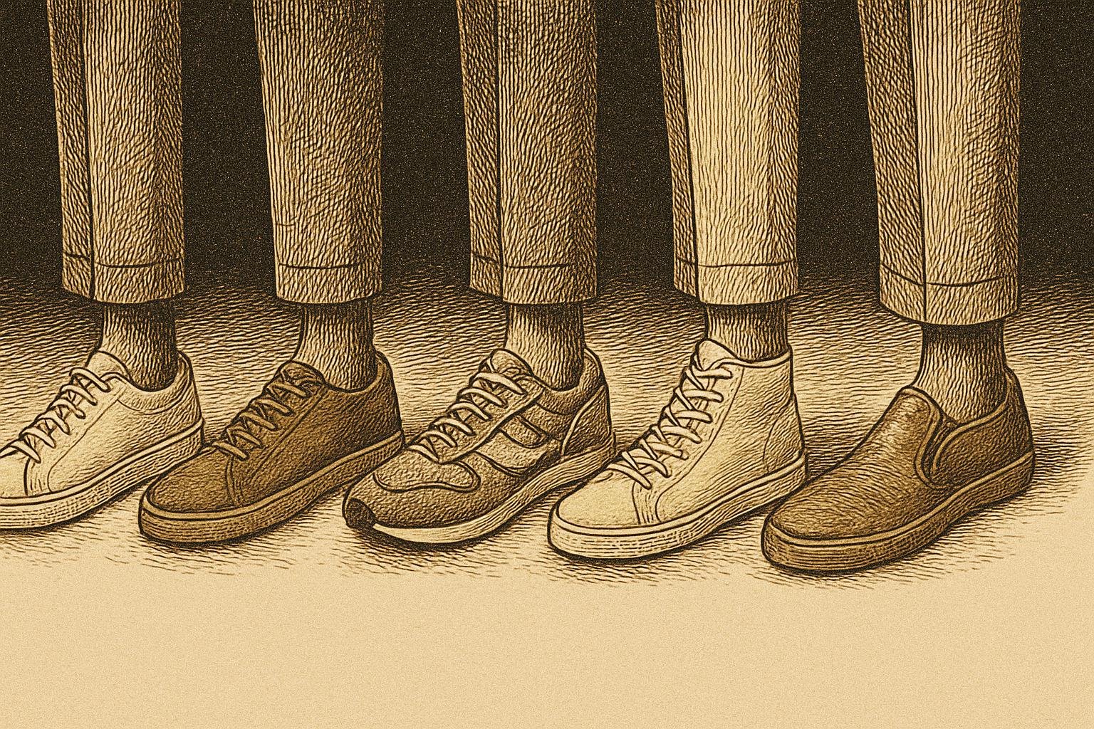 five etched gentleman lower legs, each wearing a different sneaker style: smooth white leather low-top, mid-brown suede low-top, muted gray retro runner, slim white leather high-top, tan leather slip-on, on a clean off-white background with simple line shading