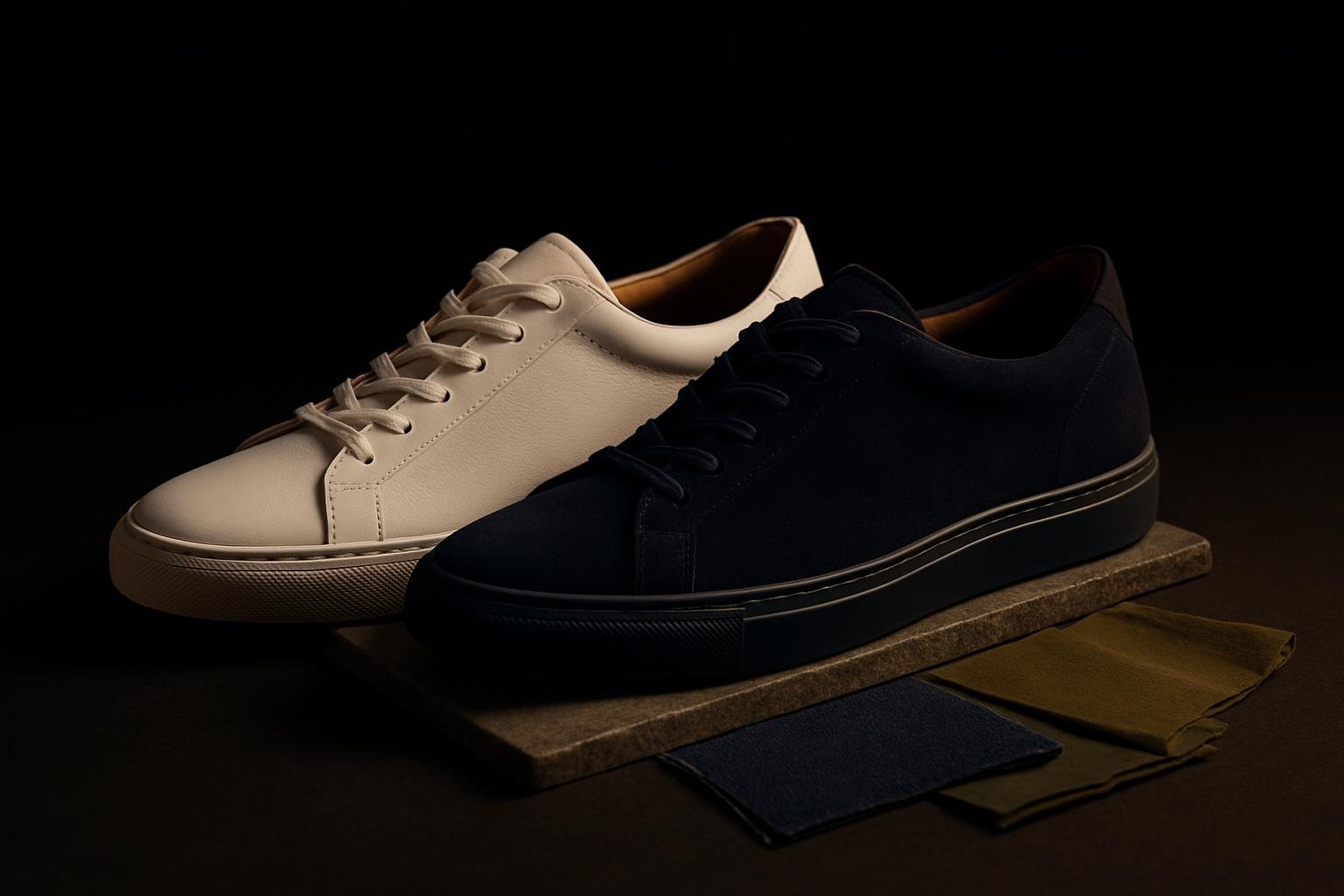 a white leather low-top and a navy suede low-top set heel-to-heel on a grey stone slab, with swatches of denim, charcoal wool, and olive cotton beside them under soft daylight