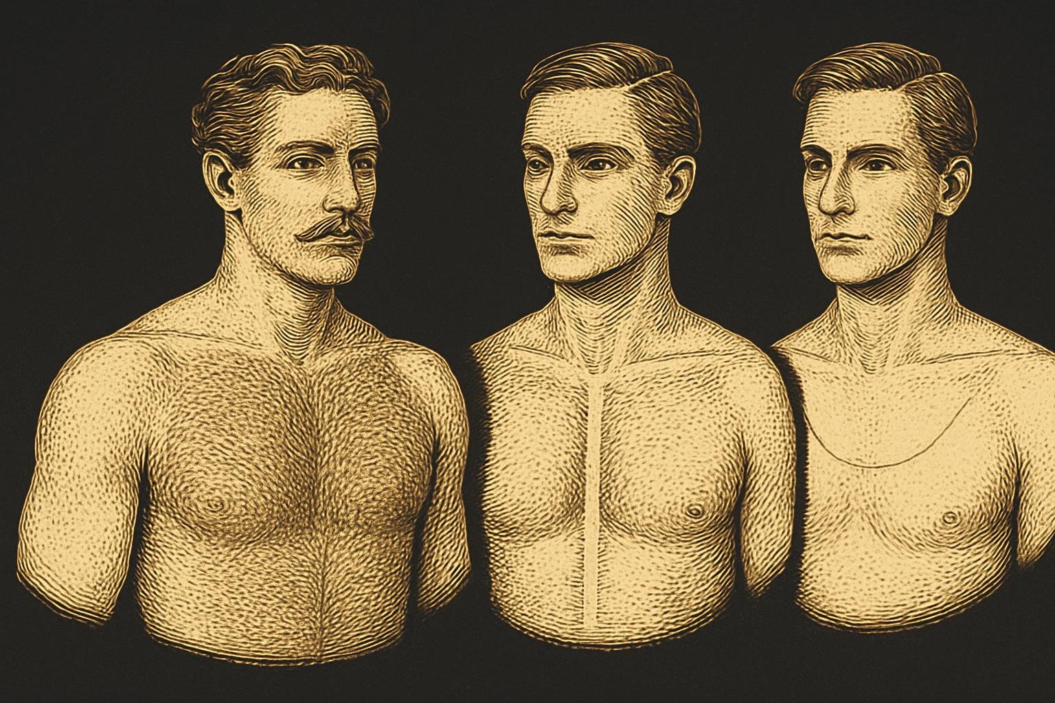 four etched gentleman torsos showing chest-hair zones and lengths: (1) main chest panels at 8–10 mm, (2) centerline at 6–8 mm, (3) stomach/shoulder blend at 4–6 mm, (4) a soft U-shaped upper chest edge below the collarbone