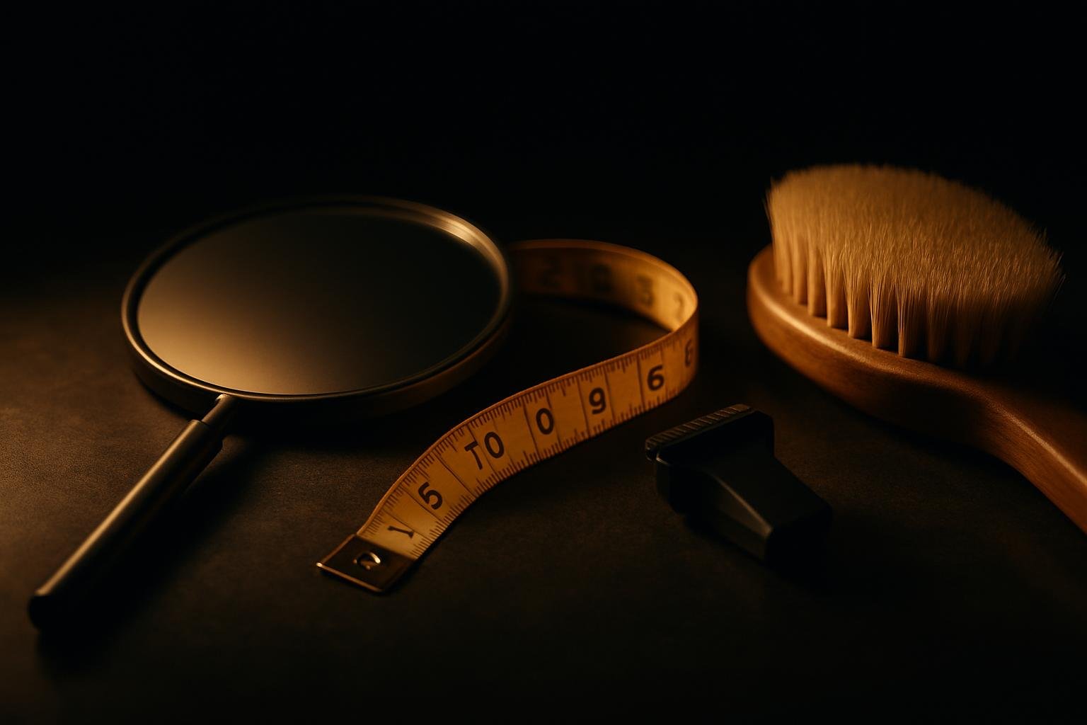 a close still-life of a bathroom counter: a hand mirror, a flexible fabric tape measure partially extended, a small detail trimmer head, and a soft-bristle body brush under warm morning light