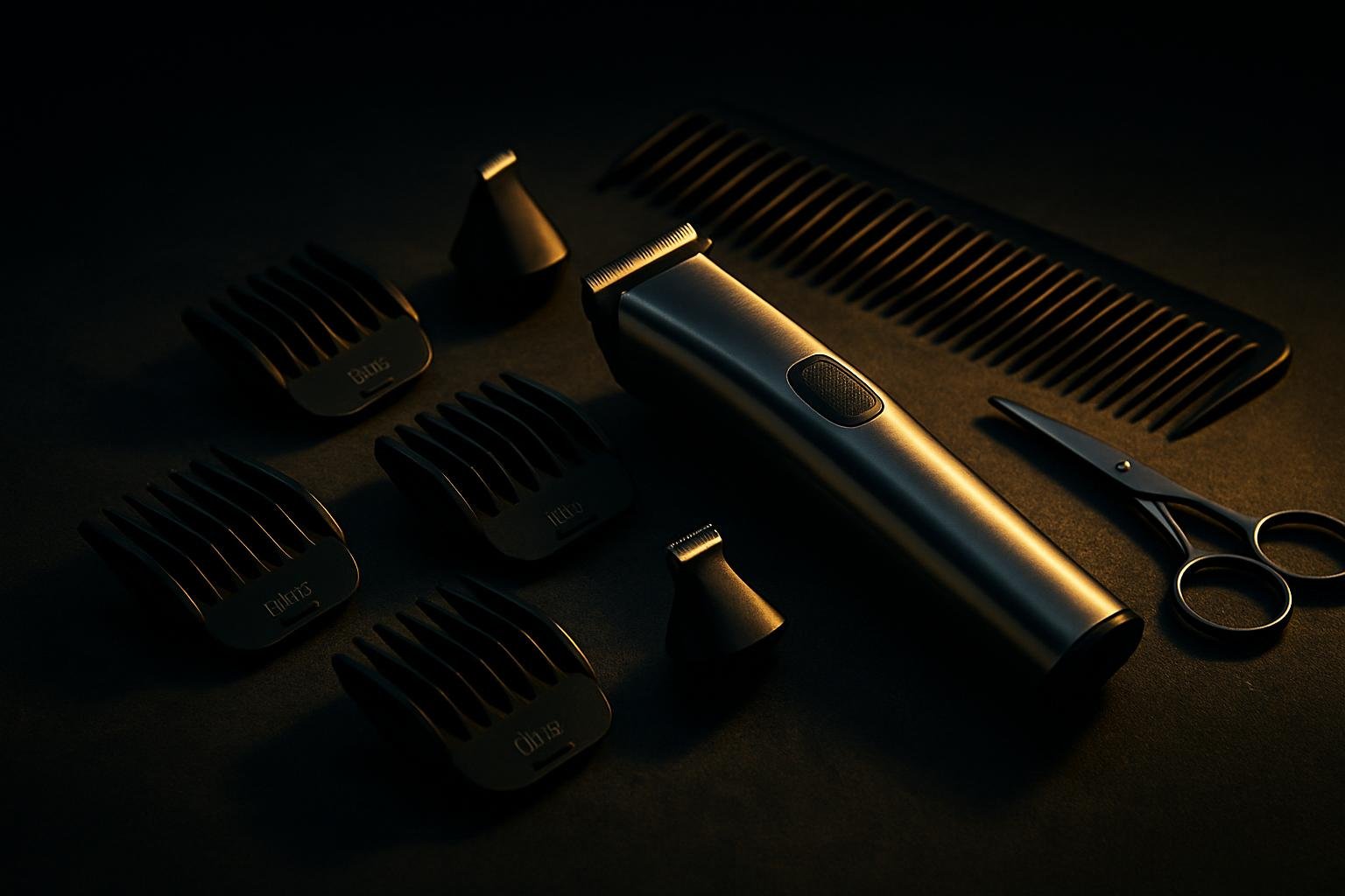 a stainless body hair trimmer with three plastic guards (4 mm, 8 mm, 10 mm), a small detailing head, a wide-toothed comb, and grooming scissors arranged on a matte stone counter under cool daylight