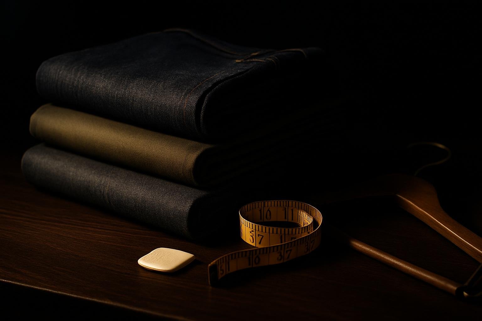 a neatly folded stack of dark jeans, olive chinos, and charcoal wool trousers beside a tailor’s tape, chalk, and a wooden hanger under soft window light