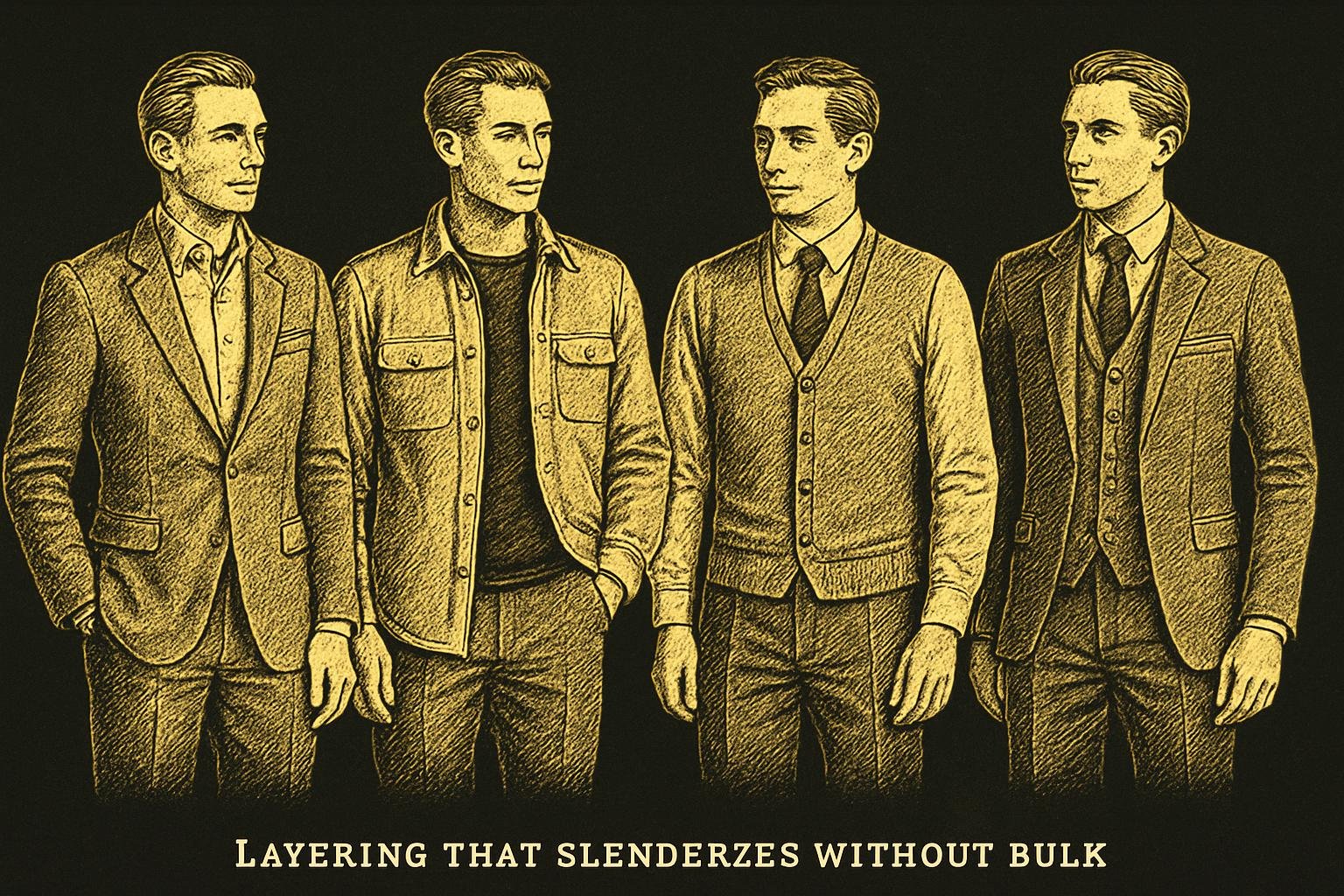 four etched gentleman figures showing: a soft-shouldered hopsack sport coat over an oxford; a twill overshirt over a tee; a fine-gauge V-neck cardigan over a shirt; a slim gilet under a blazer, all with mid-rise tapered trousers