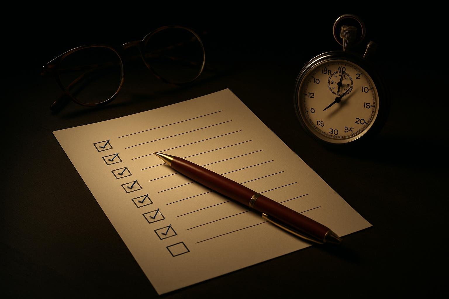 a printed checklist with tick boxes, a red pen, a pair of reading glasses, and a simple analog stopwatch on a clean desk under soft overhead light