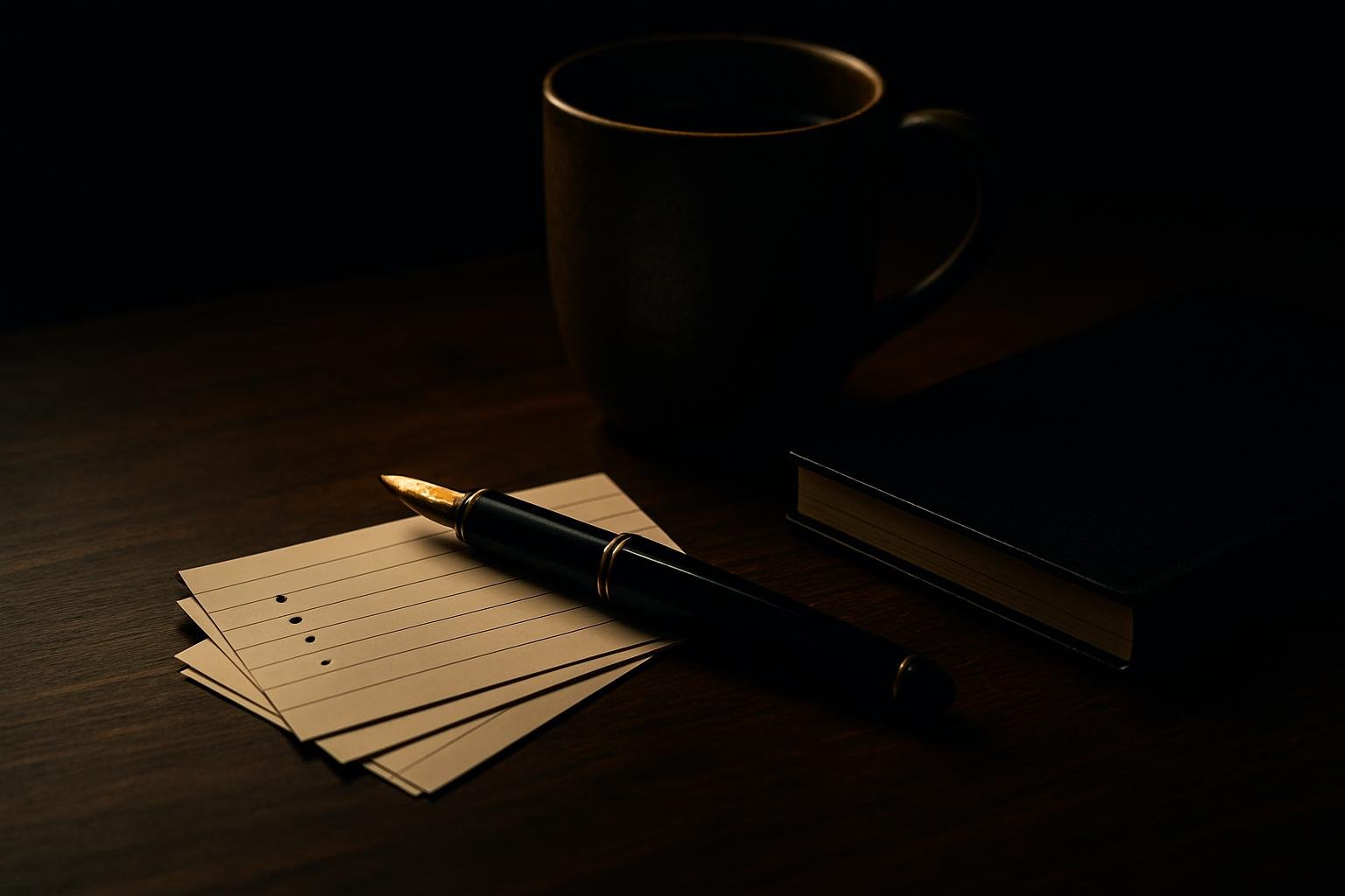 a fountain pen, index cards with short bullet points, a ceramic coffee mug, and a closed notebook on a wooden table under cool window light
