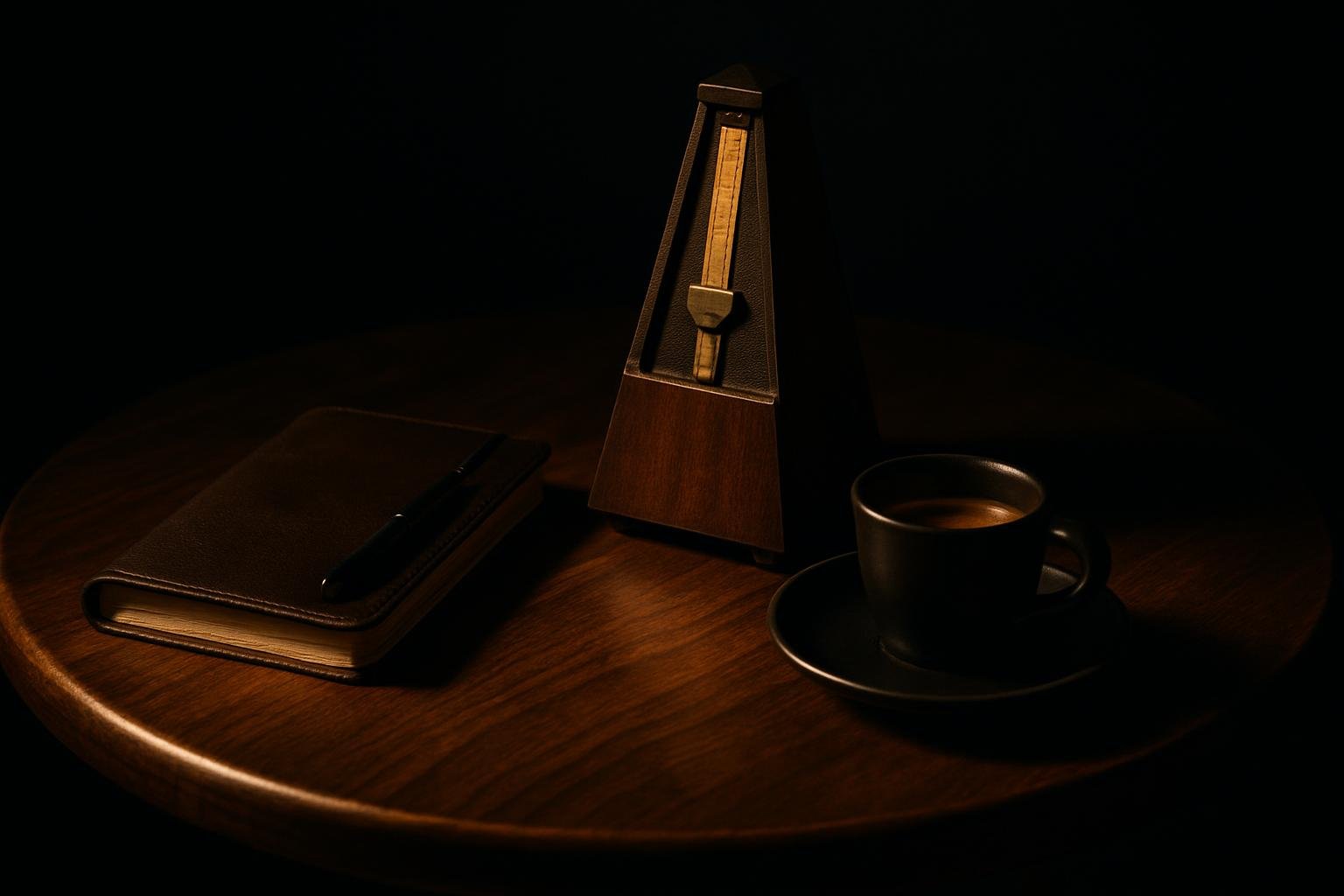 A small leather notebook, a slim analog metronome, a ceramic espresso cup, and a pen arranged on a wooden bistro table under soft evening light.
