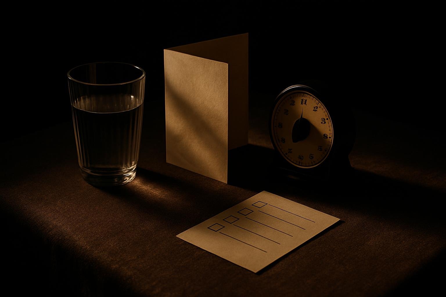 A small dining table set with a water glass, folded paper menu, analog kitchen timer, and a notecard checklist under soft afternoon window light.