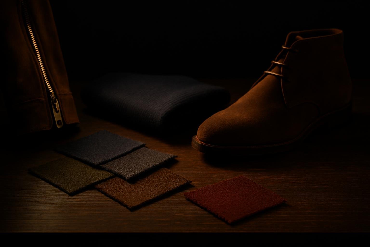 a tabletop with wool swatches in navy, charcoal, olive and burgundy, a merino sweater folded, a suede boot, a brass zipper jacket cuff, under soft window light