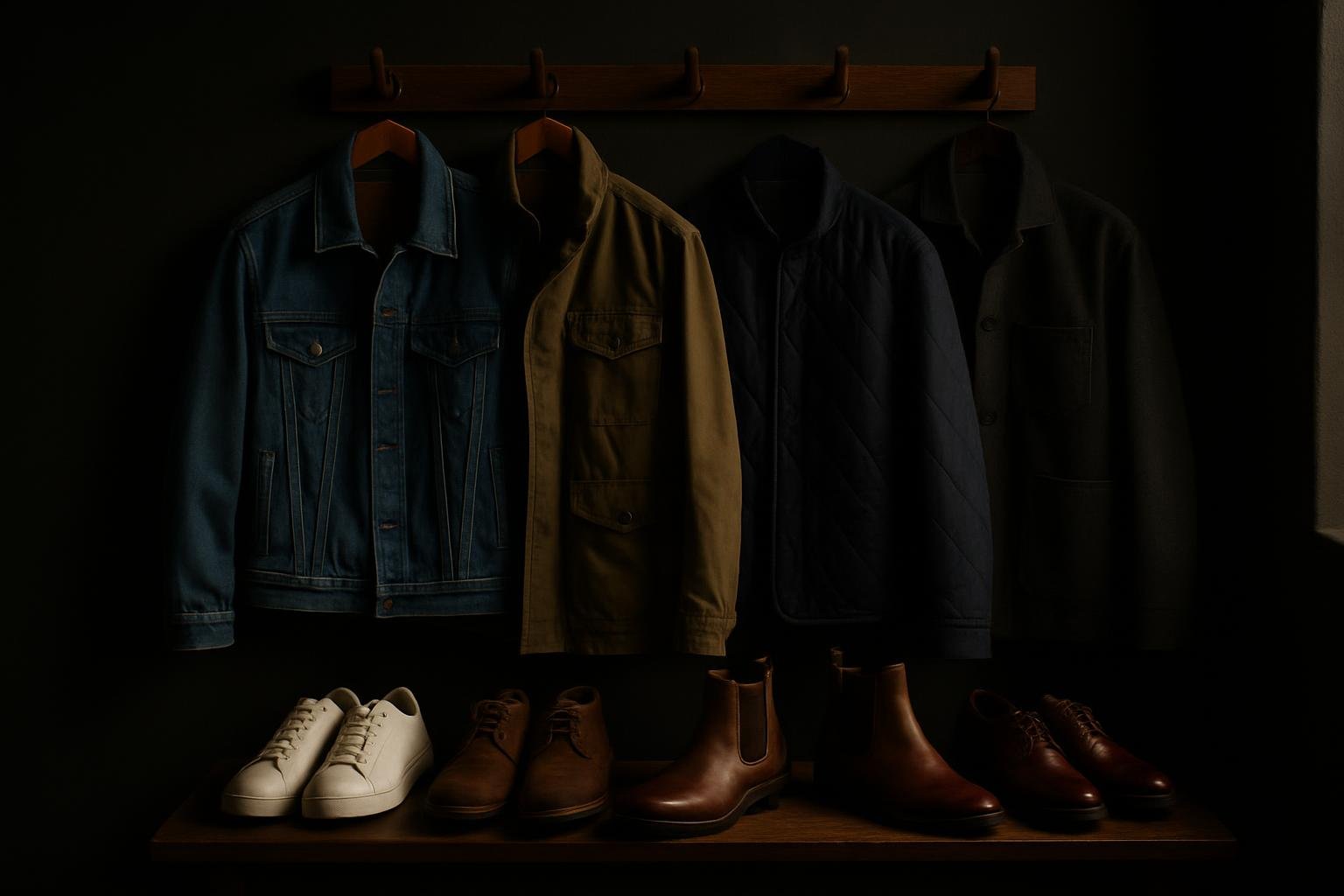 a row of fall jackets on wooden hooks—denim trucker, olive field jacket, navy quilted liner, charcoal chore—below them a bench with white sneakers, brown chukkas, chelsea boots, and oxblood derbies under overcast window light