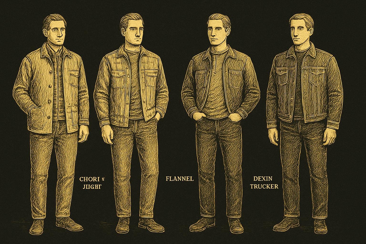 four etched gentleman figures showing two outfits each: flannel over tee with chore jacket and trousers; henley under merino with denim trucker and dark jeans; label garments subtly, vintage barber-chart style