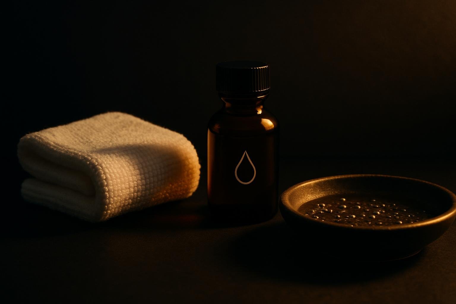 DEFAULT — a folded white washcloth, a small glass bottle labeled only with a simple droplet icon, and a ceramic dish with water beads under soft evening light