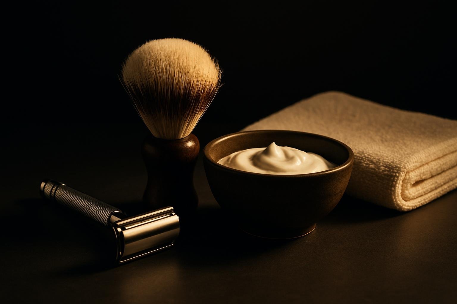 DEFAULT — a safety razor, a soft shaving brush resting near a ceramic bowl with unscented cream, and a clean towel on a matte countertop in neutral light