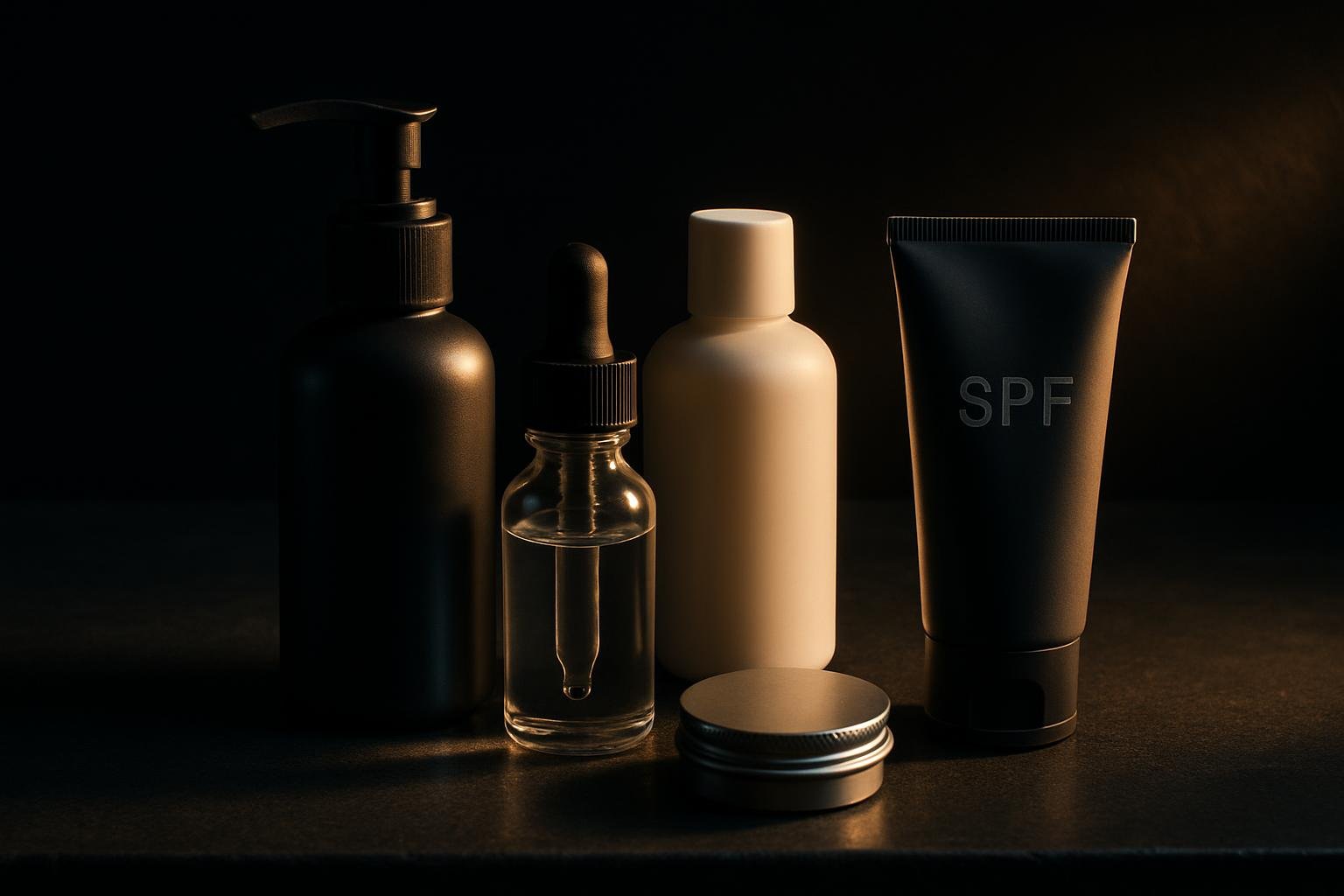 DEFAULT — a bathroom counter with a pump cleanser, a clear dropper bottle, a white unscented lotion, a small tin of ointment, and a matte SPF tube arranged neatly under cool morning light